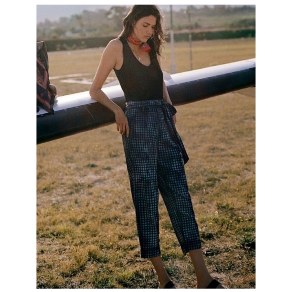 Anthropologie Maeve Avryl Bleach Slim Chino Blue and Black Check Pants, Size 2